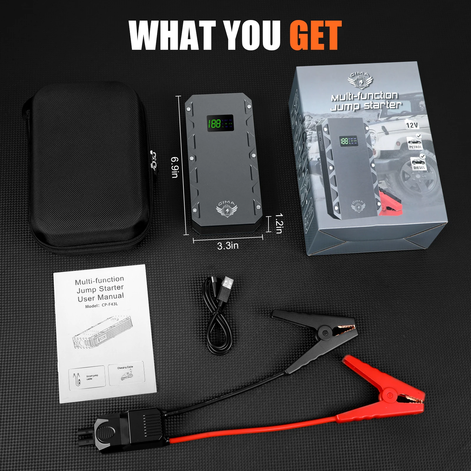 12000mAJump Starter 1200A Peak 12V Car Battery Booster Pack with Smart Safety Clamps QC USB Power Bank Emergency SOS LED Li