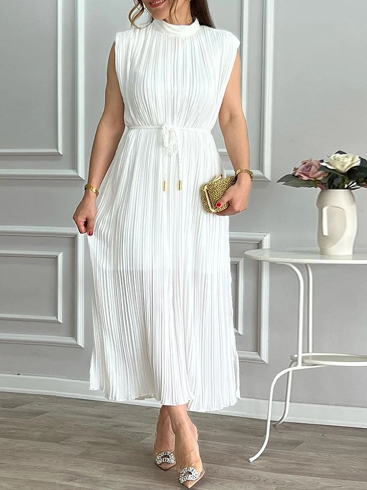 

Woman Fairy Style Classy White Dress Mid-turtlneck Summer Sleeveless Pleated Long Dress High Waist Elegant Chiffon Dress