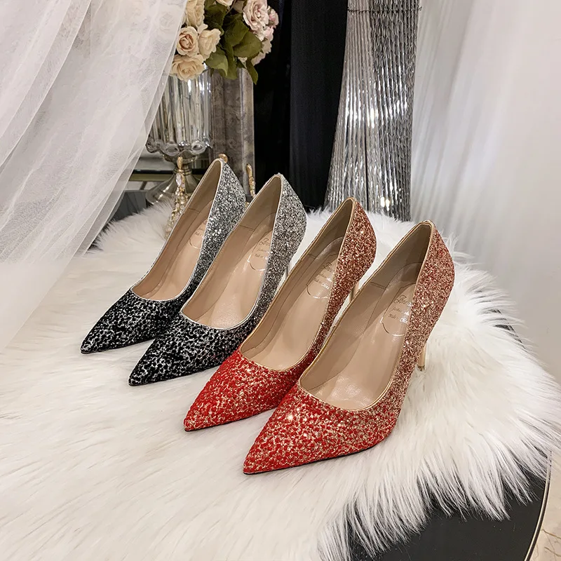 

Wedding Shoes Women High Heels Pointed Toe Stiletto Heels Gold Crystal Slipper Dress Red Bridesmaid Bridal Shoes