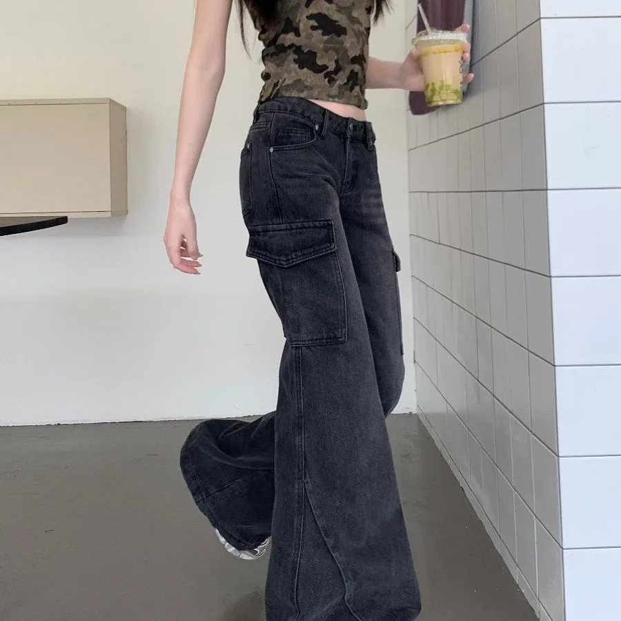 

High Waist Straight Leg Jeans Women's Slim Fit Workwear Denim Pants Y2K Trendy Pocket Design Thickened Cotton Stretch Fabric