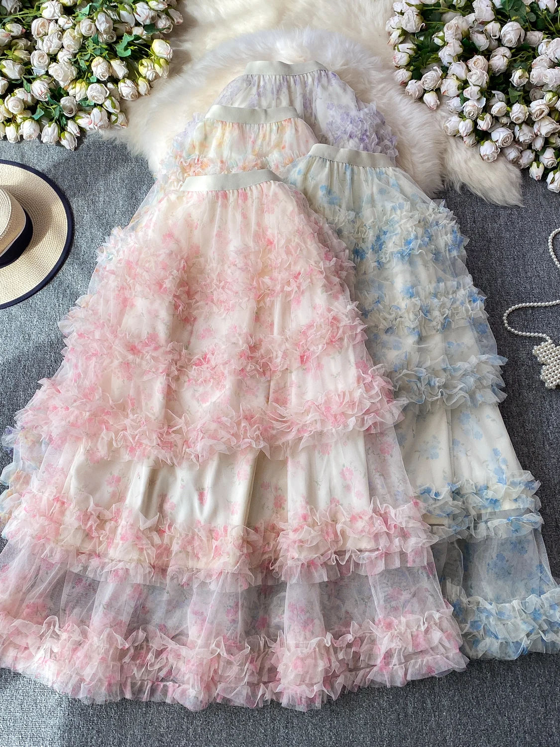 Unique Beautiful  Design Lace Cake Skirt High Waist Fairy Style Women's Summer Sweet Youthful Long Skirt City Commute