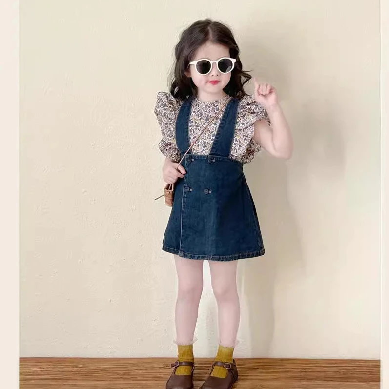 Children\'s Clothing Sets Floral Print Fly Sleeve Shirt + Denim Slip Dress 2pcs Sets Kids Clothes for Girls Kids Boutique Clothes