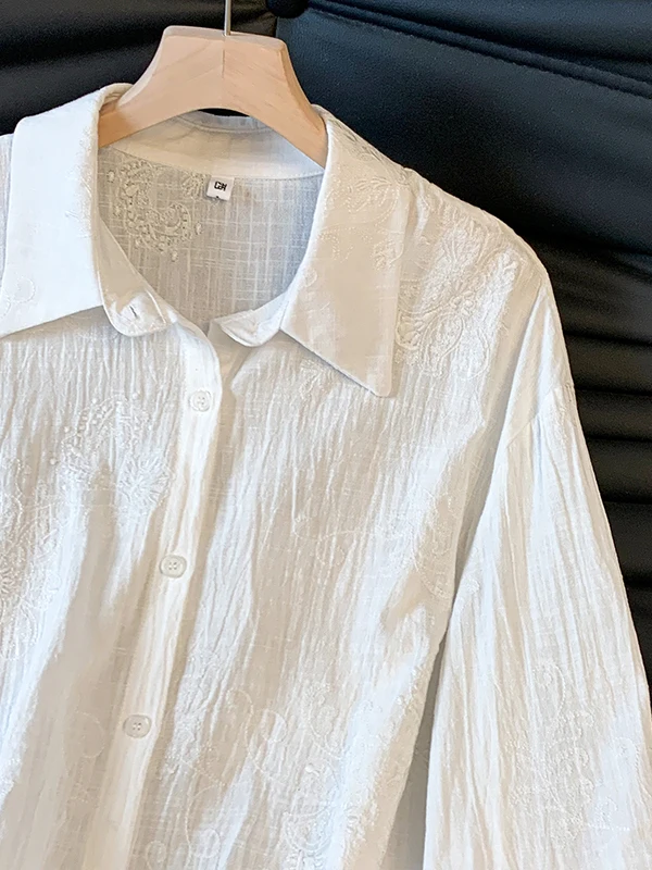 

White Embroidered Flower Long Sleeve Shirt Women's Spring Autumn New Simple Match Loose Casual Collar Shirt Base Top