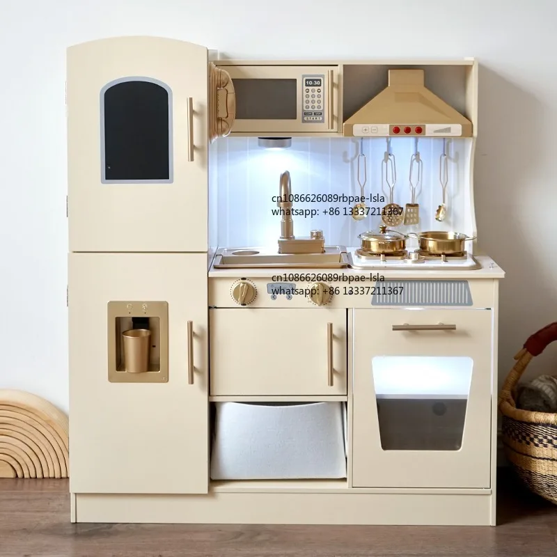 Educational Wooden Pretend Play Cooking Set Realistic Light Sound Microwave Simulation Play Kitchen Toy for Boys Girls Kids