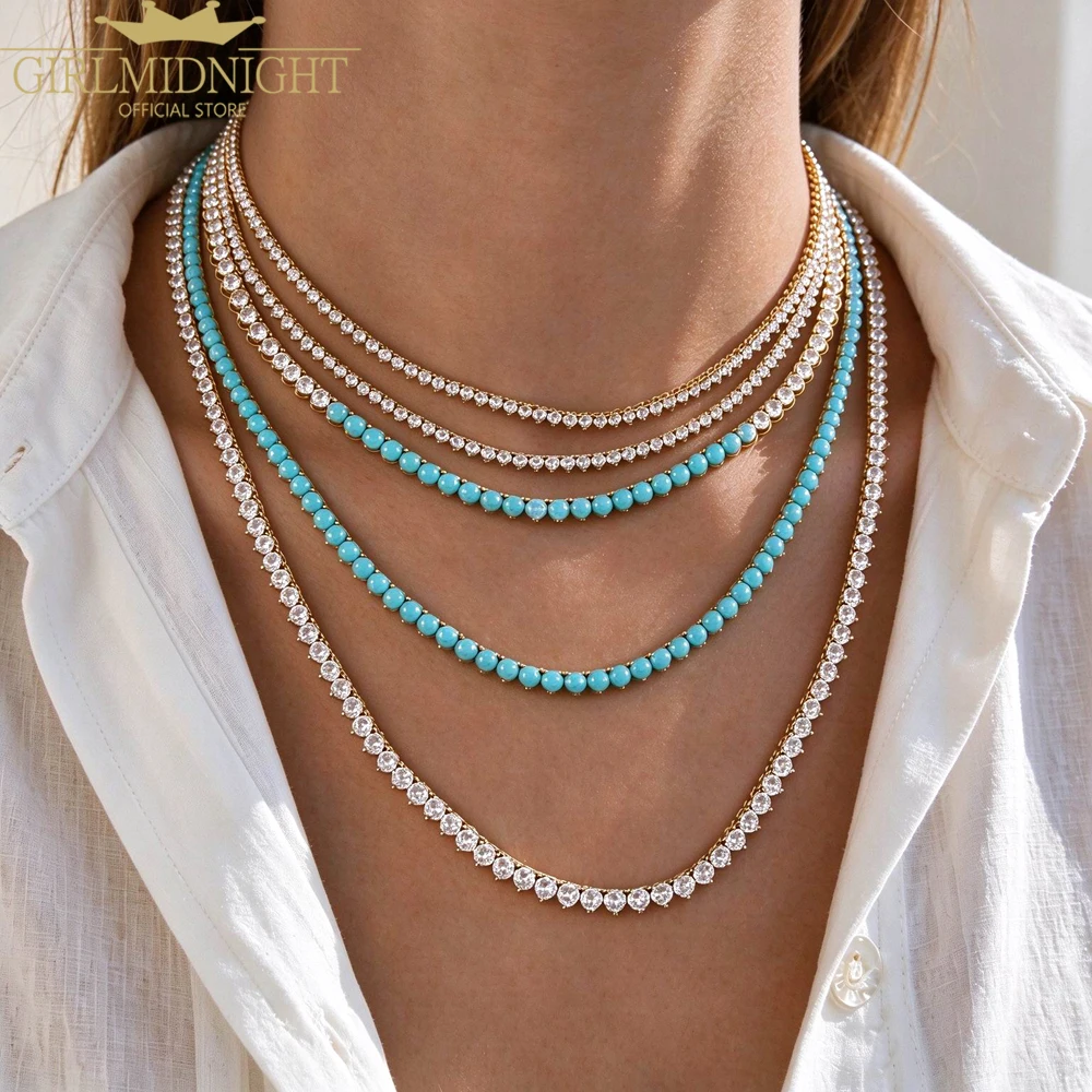 New Gold Color Round Turquoises Stone Paved Tennis Necklaces Prong Setting Cubic Zirconia Choker for Women Fashion Jewelry