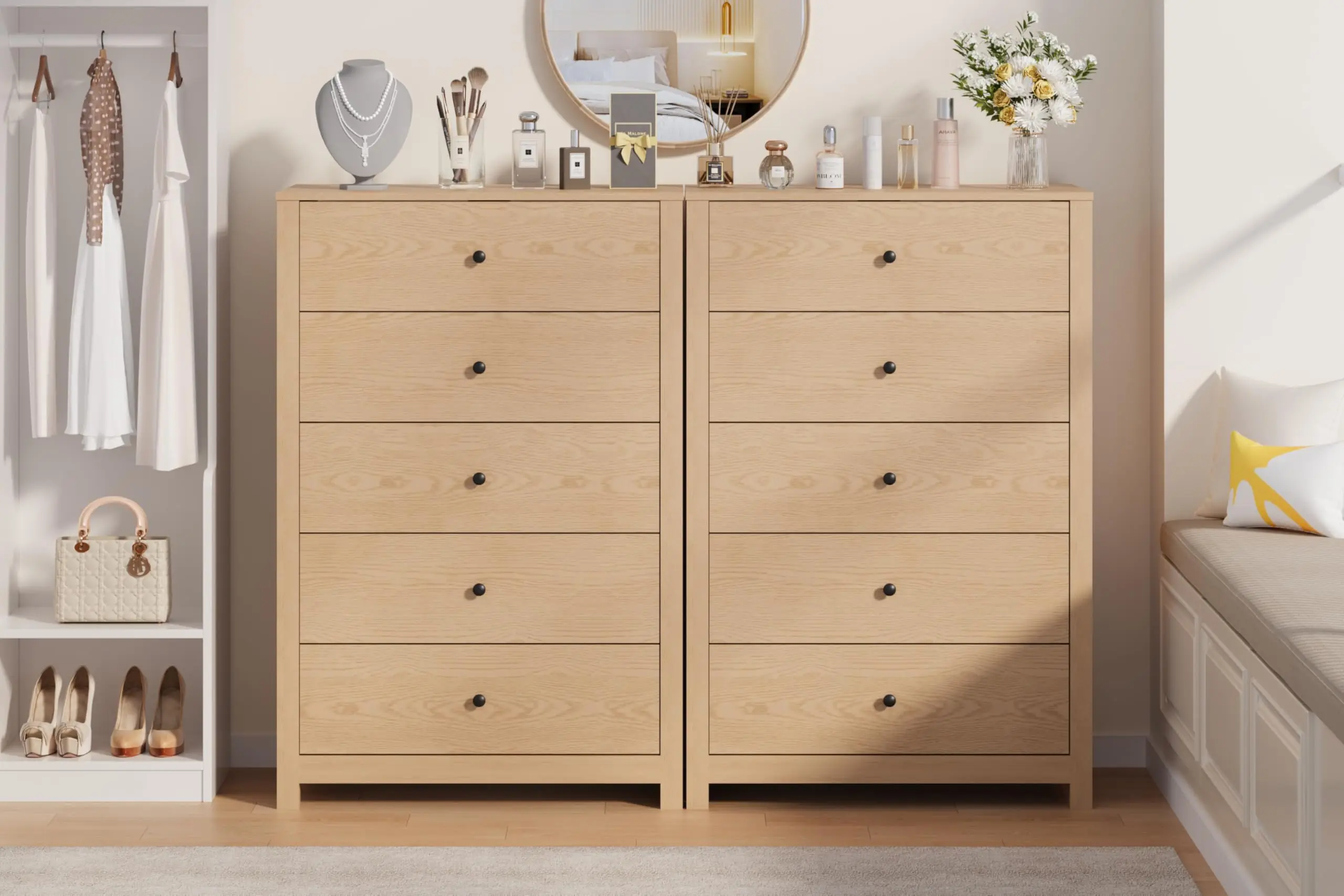 Modern Tall 5-Drawer Sideboard Cabinet – Deep Storage Dresser with Metal Knobs – Multipurpose Buffet for Dining Room, Living Room, Entryway – White or Oak Finish