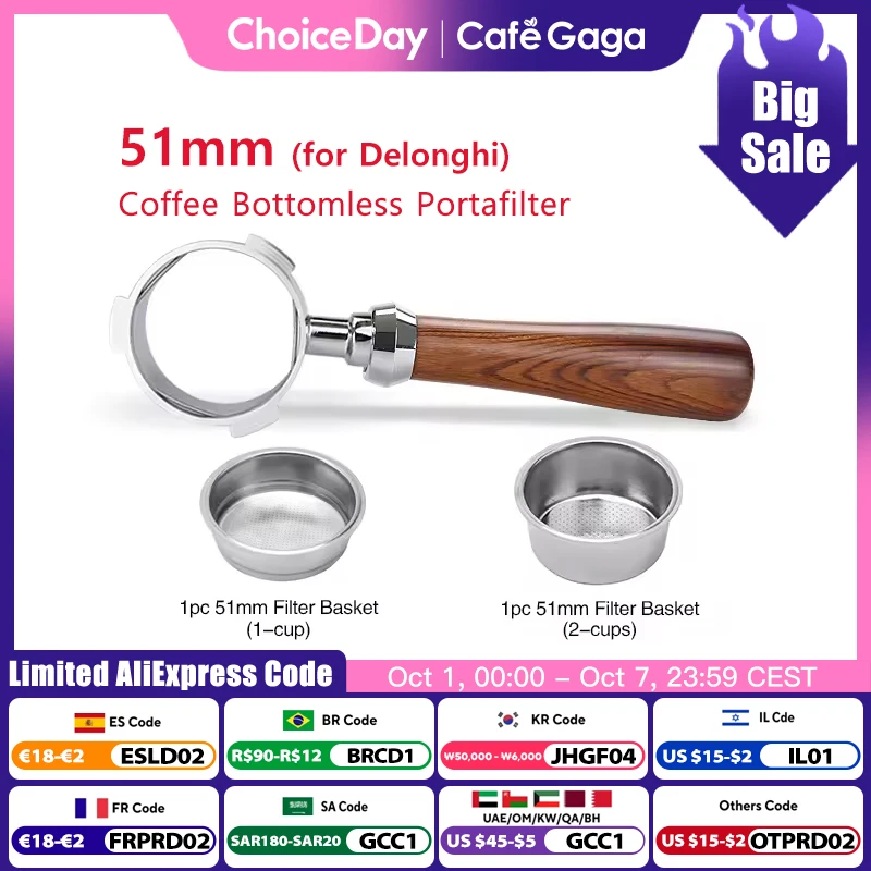 Coffee Bottomless Portafilter for Delonghi Dedica EC680 EC685 Solid Wood Handle 51MM Replacement Filter Basket Coffee Tools