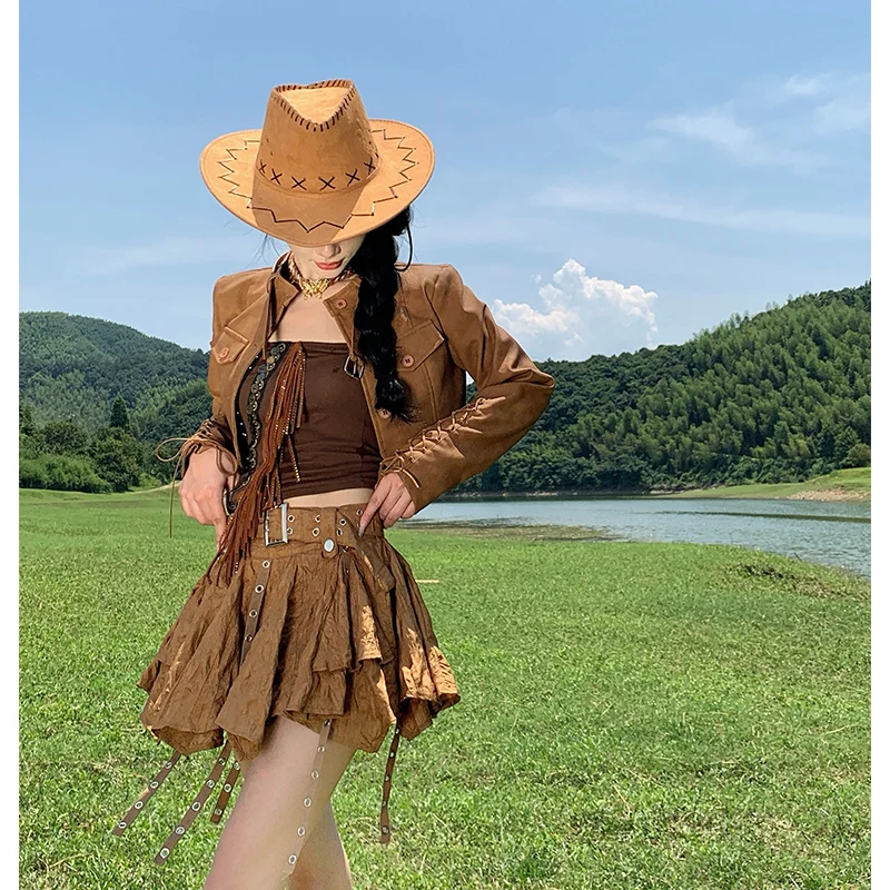 Cardigan Retro de Couro Marrom para Mulheres, Estilo Western Cowboy, Saia de Viagem com Franjas em Fibra de Poliéster