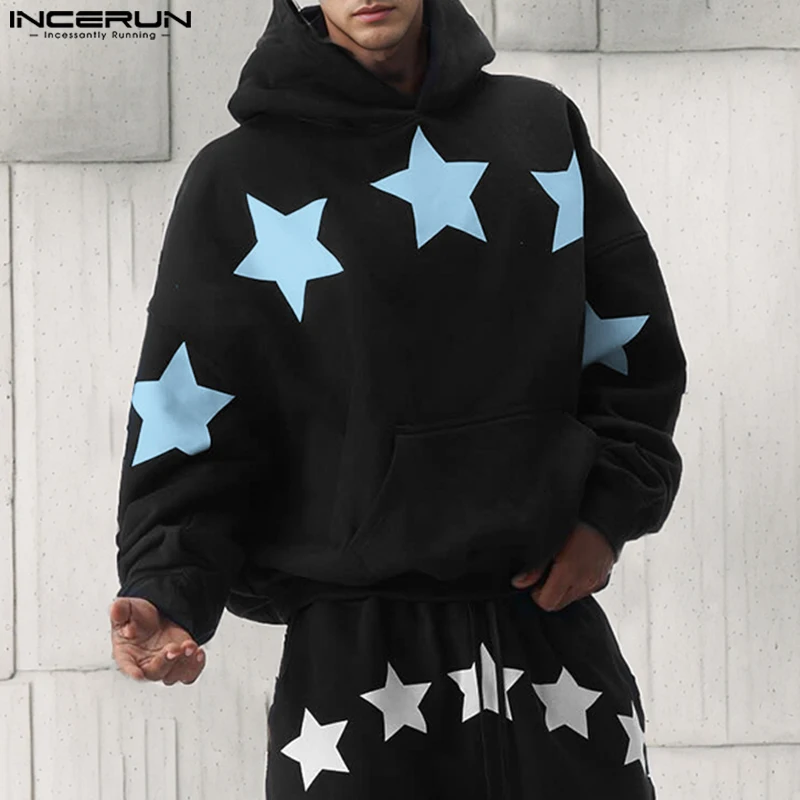 INCERUN Tops 2024 American Style Fashion Men Star Print Pullover Hoodie Casual Personality Loose Long Sleeved Hoodie Sweatshirts