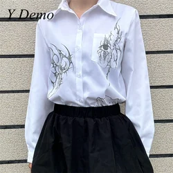 Y Demo Punk Pattern Printing Uniform Shirt Women's Long Sleeve Rock White Single Breasted Shirt
