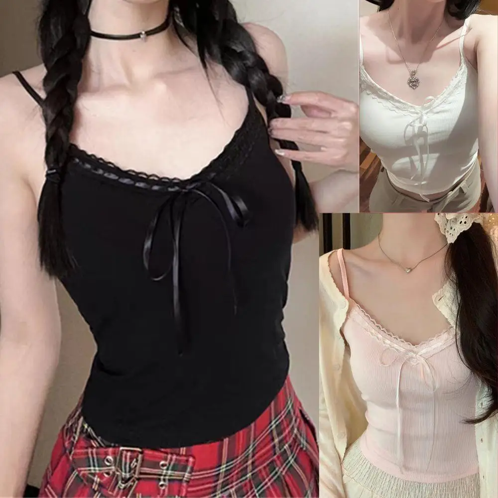 

2025 Sleeveless Top Y2K Tube Tops Harajuku All-match Cropped Top Girl Basic Vest Inner Pad Lace Trim Strap Vests With Chest Pads