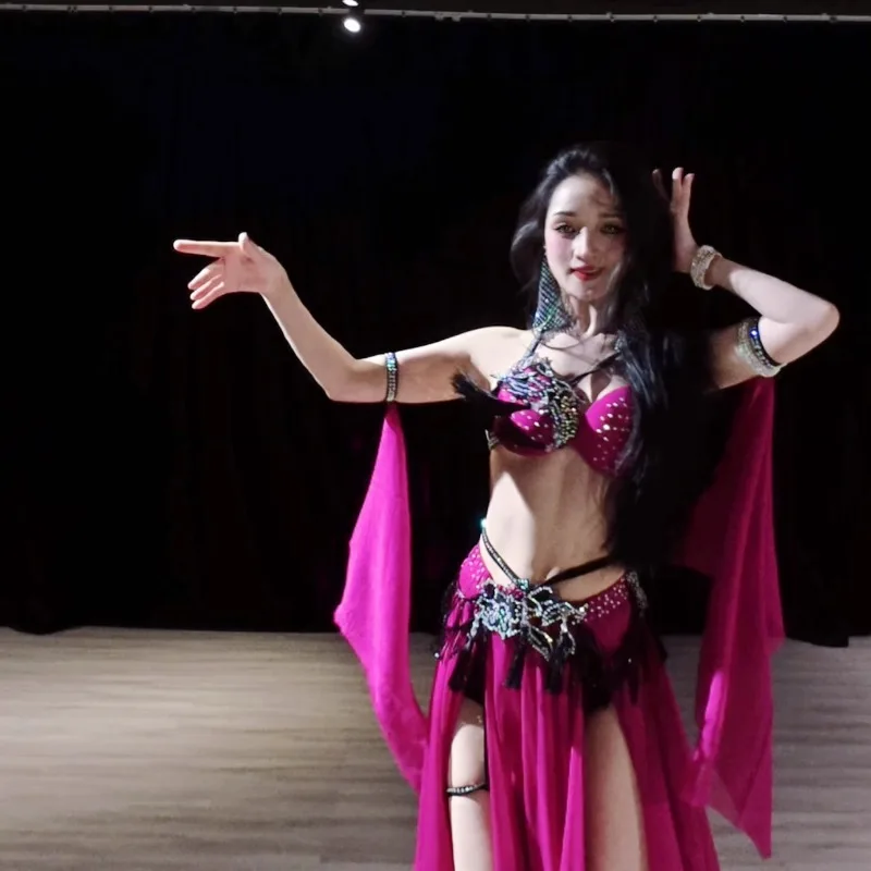 Customized Belly Dance Costumes Set Performance Dress Class Clothes Temperament Practice Dress Rose Red Tassel Performance Dress
