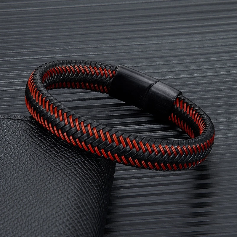 MKENDN Punk Men Jewelry Red Braided Leather Rope Bracelet Black Matte Magnetic Buckle Bracelets Men Wristband Pulsera Hombre