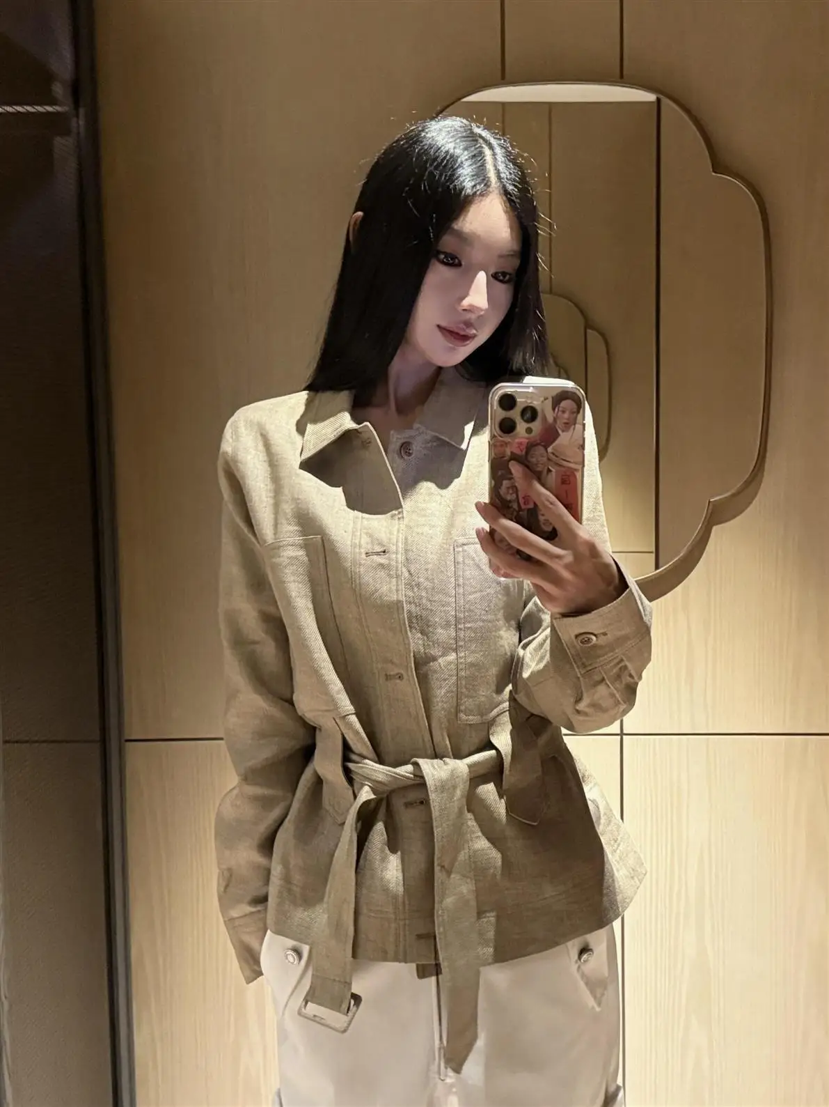 l Raindrop Linen Chic Waist-Cinching Jaet Coat for Women Autumn Season Loose Fit Long Sve Button Closure  Color
