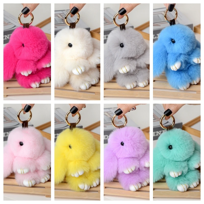 2023 Multicolor Rabbit Keychain Ring Fluffy Real Fur Pompon Bunny Trinket Key Chain Charm Cute Ring On Bag Car Key Pendant