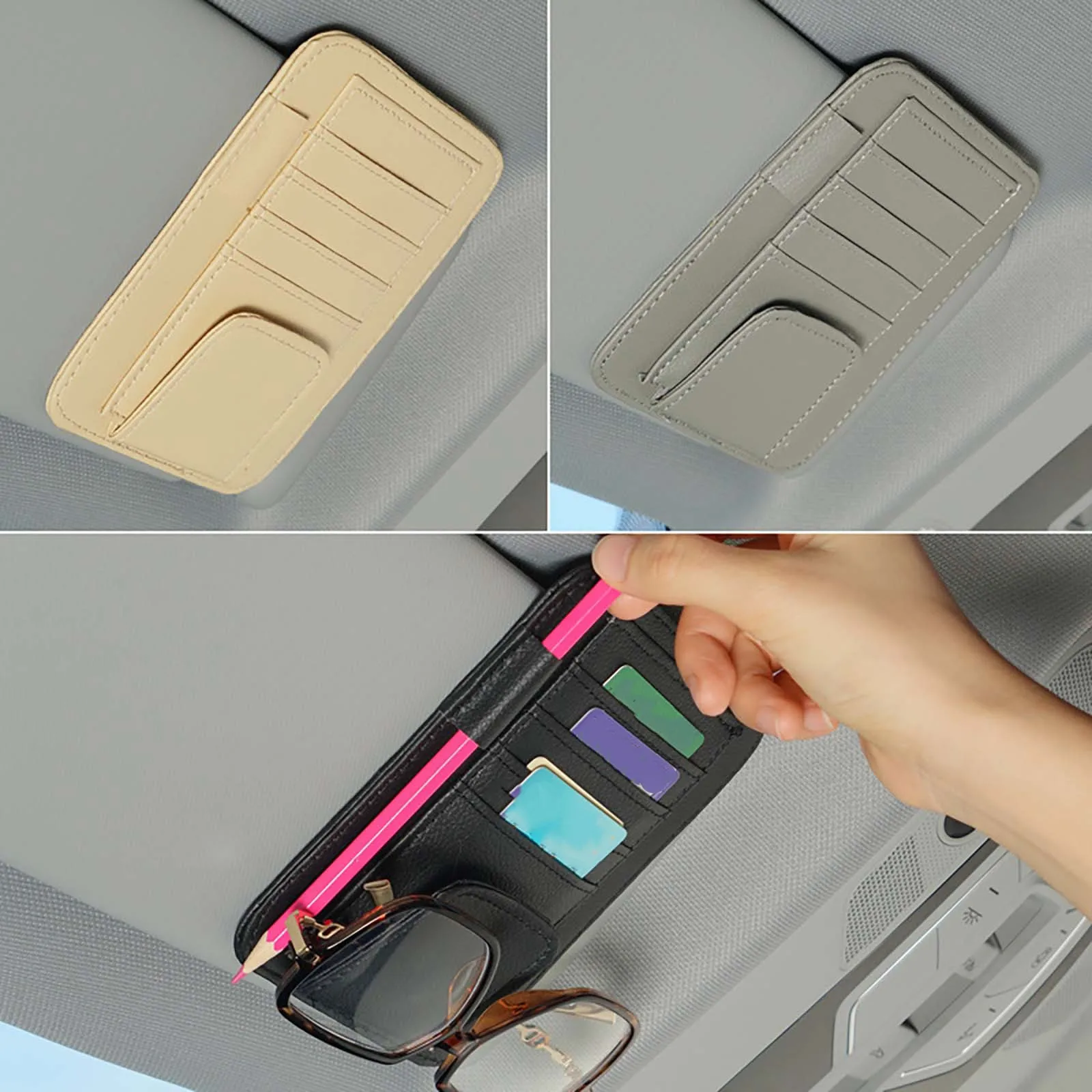 Universal Car Sunglasses Sunshade Bracket Multi-Layered Pocket Design  Multifunctional Leather Holder Automotive Supplies