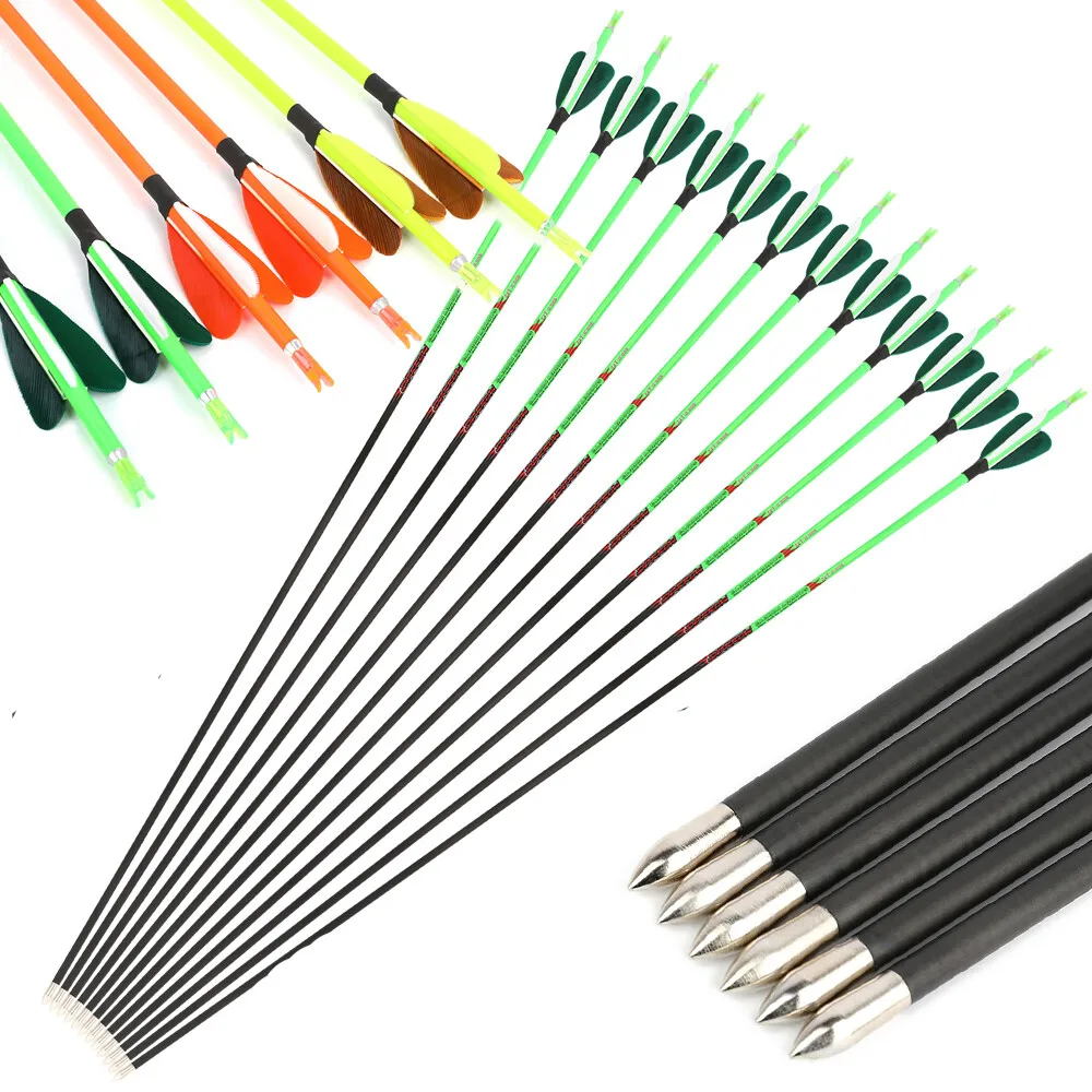 

6/12pcs Pure Carbon Arrow Spine 400-1000 Arrow 33.38 Inch 32 Inch Shaft Alloy Arrowhead Recurve Traditional Bow Hunting Shooting