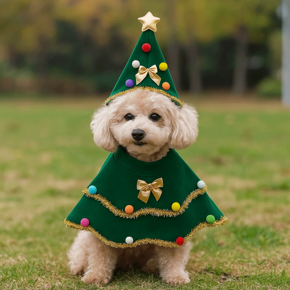 

Cartoon Christmas Dog Cape Adjustable Polyester Dog Cosplay Dress Unique Christmas Tree Design Pet Christmas Clothing