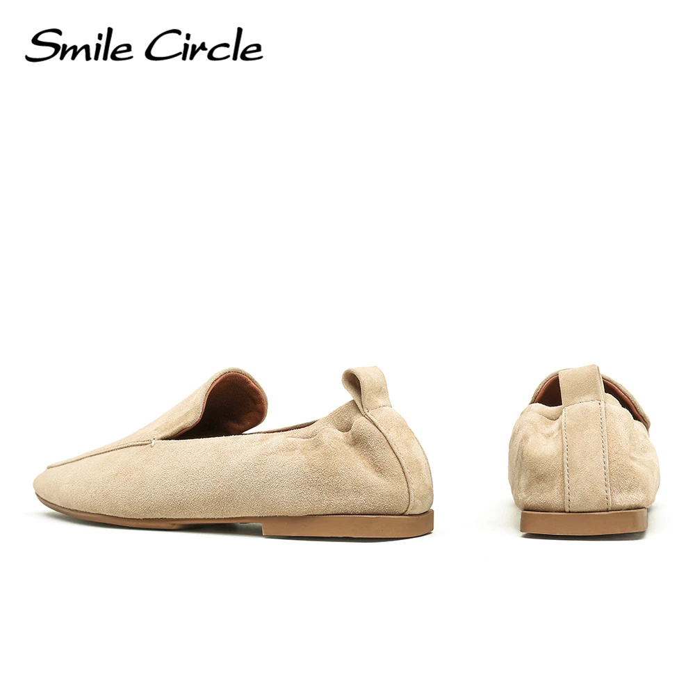 Smile Circle Suede Leather Loafers Women Square toe Slip-on Flat Shoes Simple Comfortable and Soft Women\'s Casual Shoes