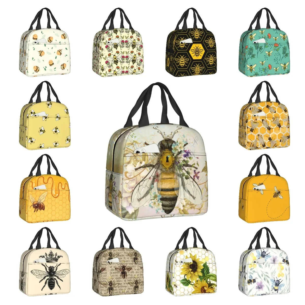 Honey Bee Vintage Portrait Style Insulated Lunch Bag for Women Resuable Thermal Cooler Lunch Box Office Picnic Travel