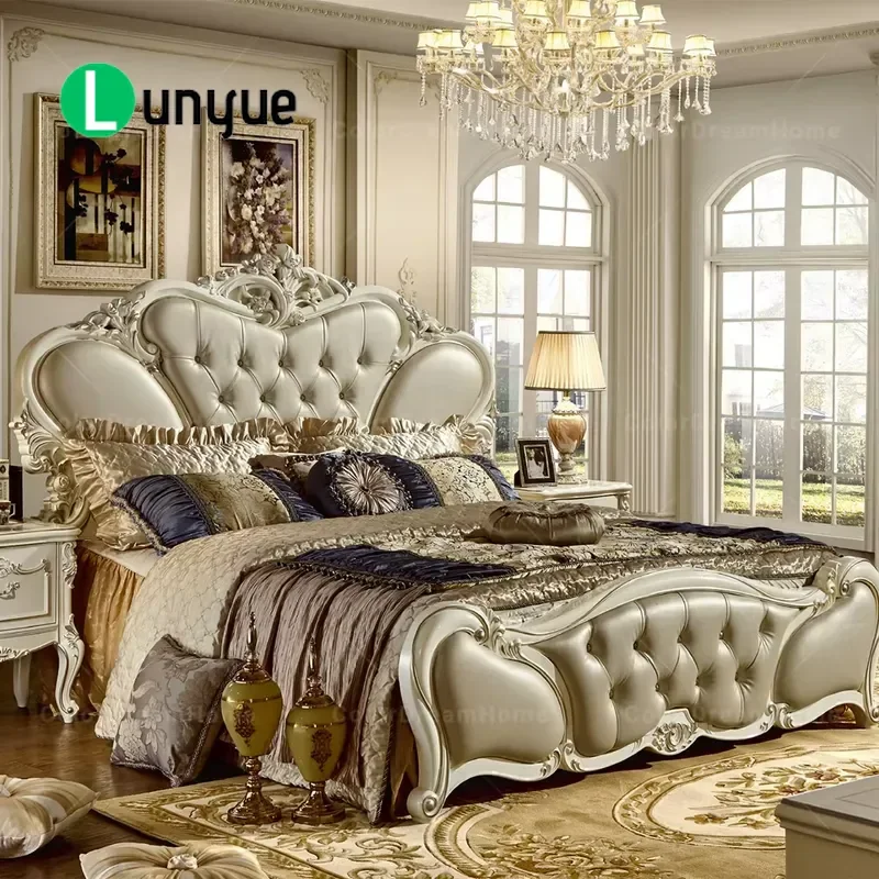 New Design European Deluxe Double Bed Solid Wood Frame Fabric Upholstered Bedroom Furniture Elegant Style Comfortable