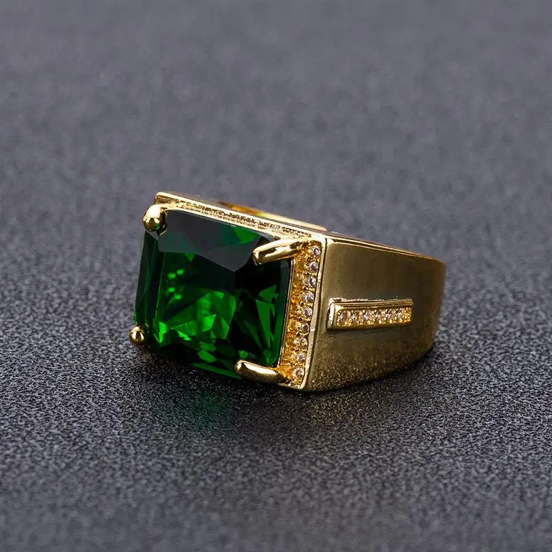 HOYON Popular Emerald Rings Men\'s Jewelry Retro Style Square Ethnic Rings 14k Gold Color Open Green Diamond Ring for Gift box