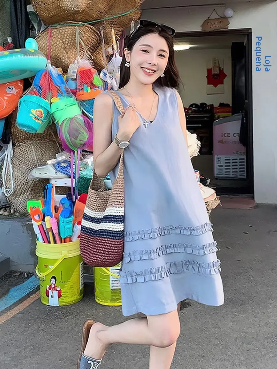 Vestido Casual de Verão Curto com Saia Evasê Plissada, Cintura Alta, Decote V, Sem Mangas, Estilo Férias, Efeito Emagrecedor,...