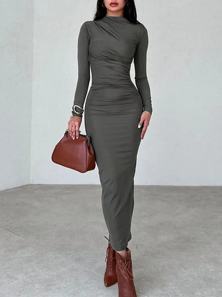 Abito lungo aderente nero solido elegante da donna manica lunga Lady O-collo abiti da sera per feste Robe