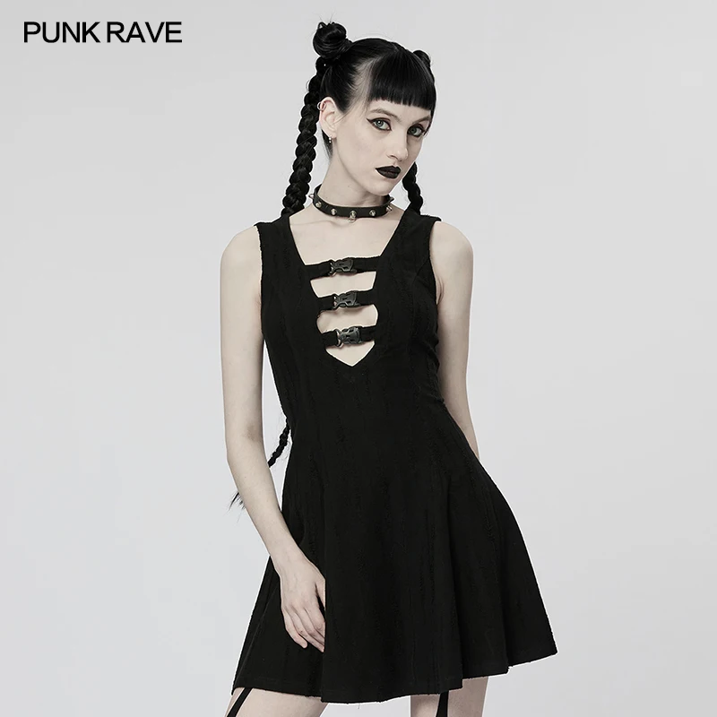 

PUNK RAVE женское кибер сексуальное короткое платье трапециевидной формы без рукавов с глубоким вырезом в стиле панк, повседневное индивидуальное маленькое черное платье