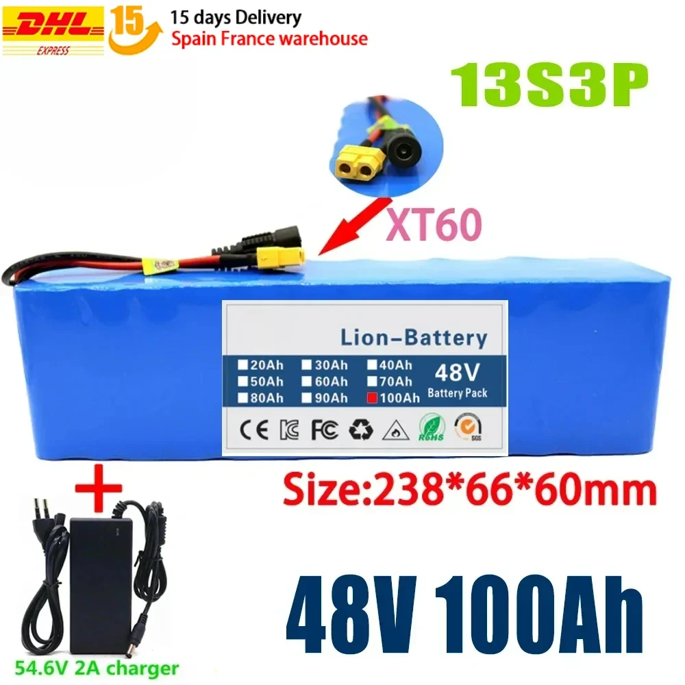 2024 New 13S3P 48V 100000mAh 100Ah lithium-ion battery pack with 1000W BMS rechargeable backup battery