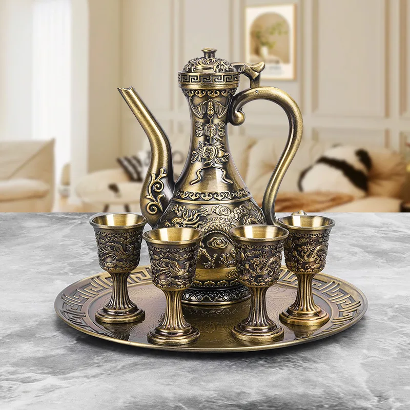 European Wine Set, Alloy Home Wine Glass Set, Bronze Vintage Wine Glass, Pot Home Living Room Decoration,24cm,1Set