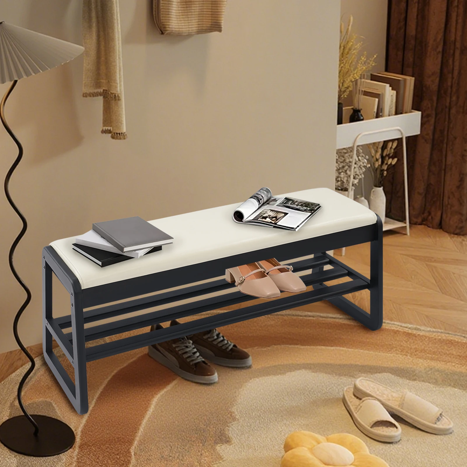 Banc étagère à chaussures en bois d'hévéa avec coussin, banc organisateur de chaussures avec rangement, banc étagère à chaussures pour entrée couleur noir + Beige