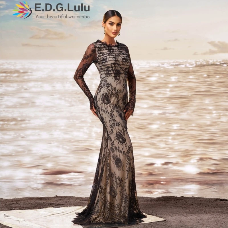 EDGLuLu O Neck See Through Mesh Embroidered Lace Chic Evening Dress Woman Elegant Long Mermaid Dresses New 2025 1226