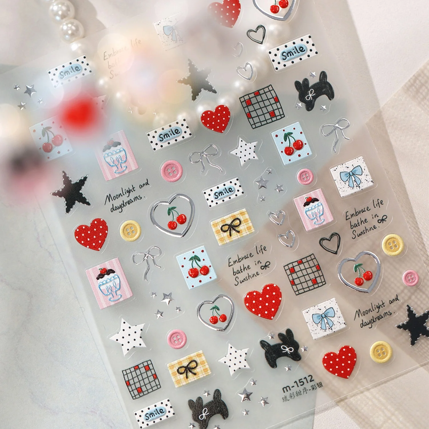 Vintage 5D Red Polka Dot Nail Stickers Heart Cherry Dog Star Bow Plaid Square Button Self Adhesive Cute Retro Nail Art Decals