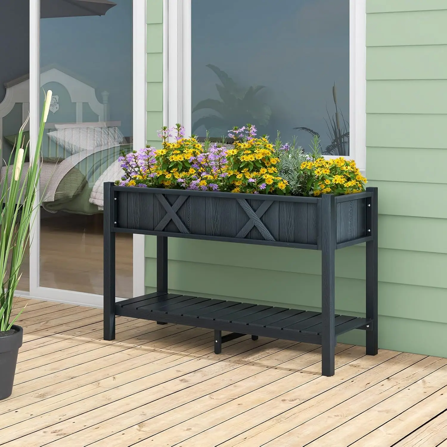 Backyard, Balcony, HIPS, Black, Giant Raised Garden Bed with Legs, Storage Shelf & Drainage Holes, Weather - Proof