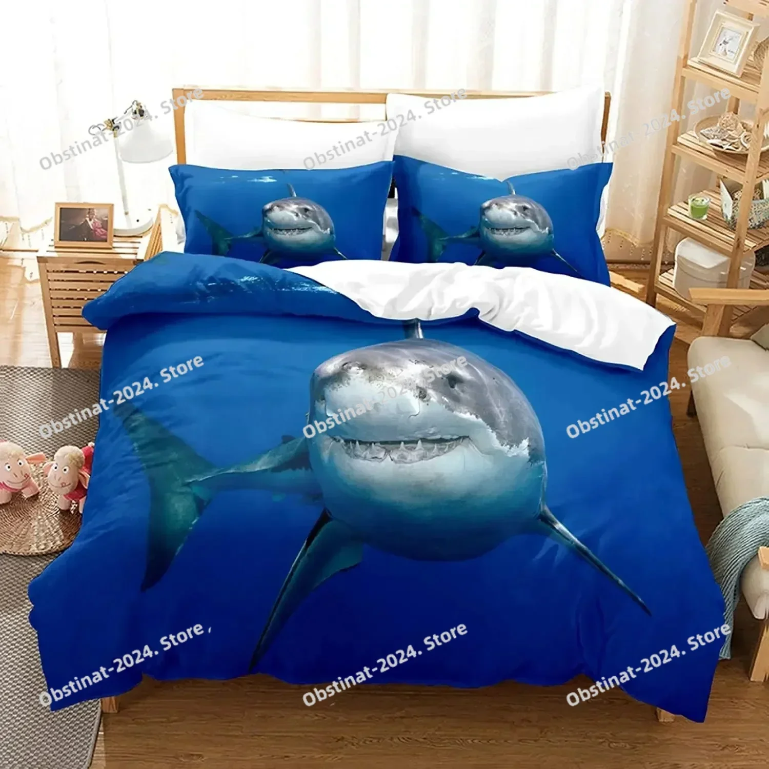 Shark 3D Shark Jumping From Ocean Big Open Mouth 3D Print Bedding Set,Duvet Cover Bed Set Quilt Cover Pillowcase,King Queen Size