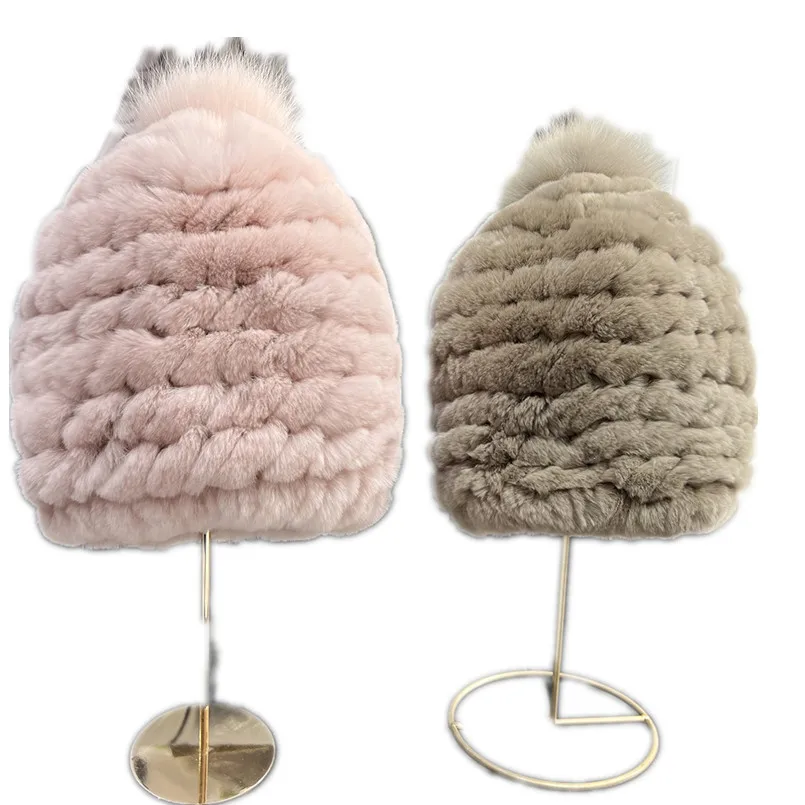 

Warm Real Rex Rabbit Fur Hat Women Winter Knitted Beanie Girls Cap with Genuine Fox Fur Pompom Ball Thick Cap Elastic