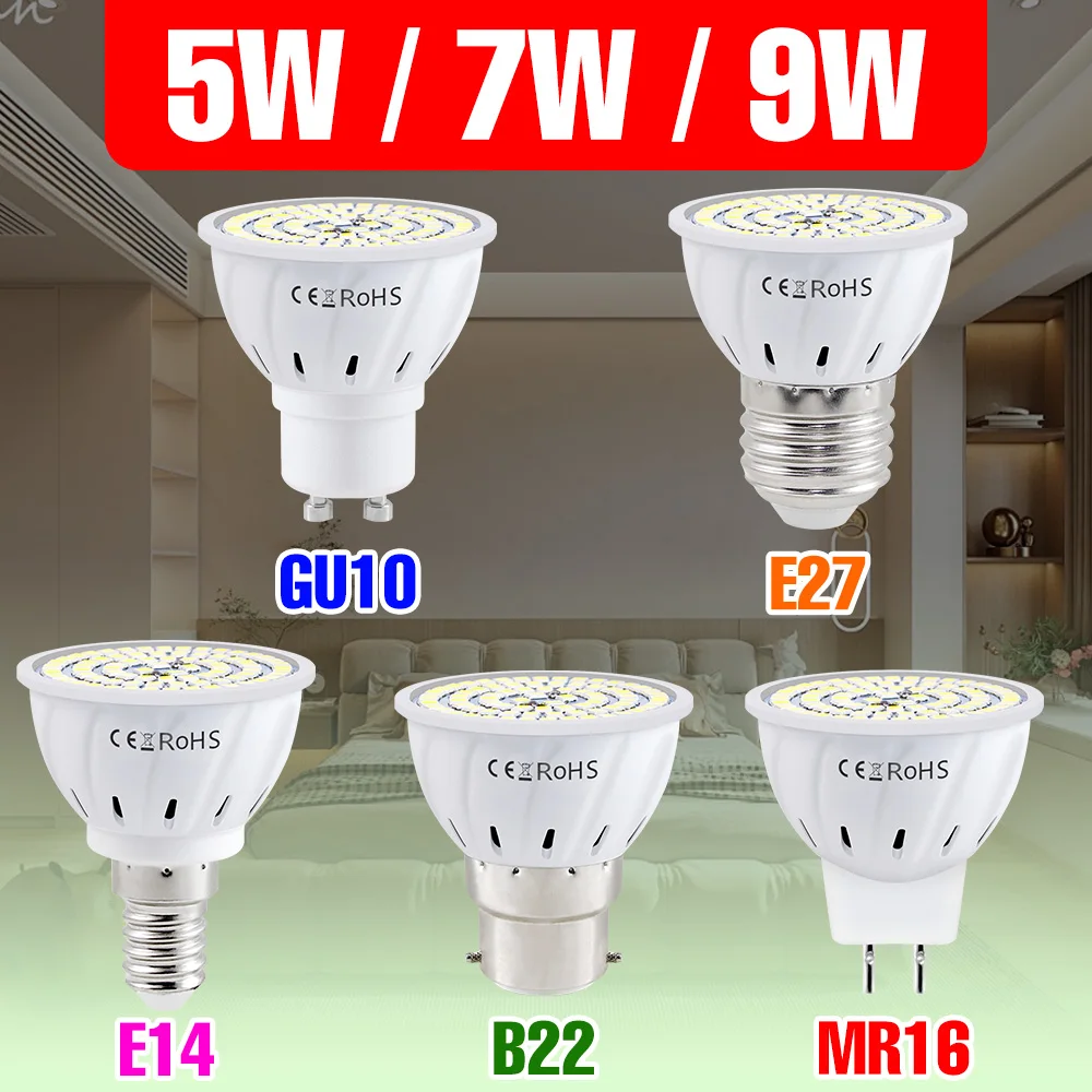 

220V E27 LED Bulb E14 Lamp GU10 Spotlights MR16 Chandelier Bulbs B22 Energy Saving Lighting For Home Living Room Cold/Warm White