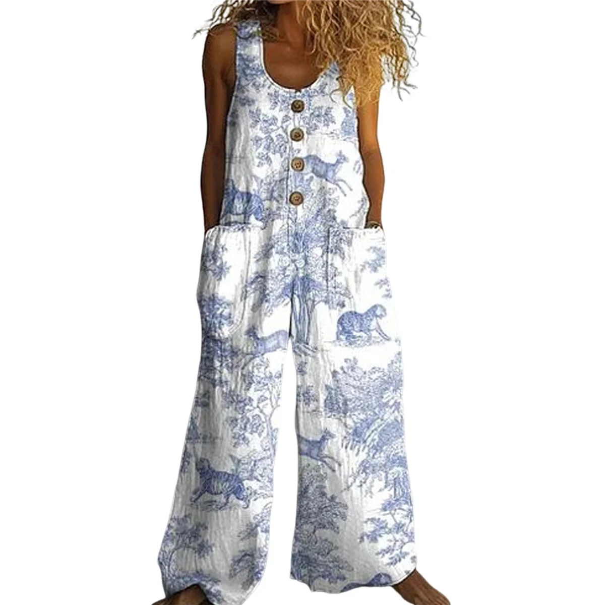 A09P Women's Summer Boho Casual Jumpsuits Wide Leg Overalls Floral Print Baggy Rompers With Pockets