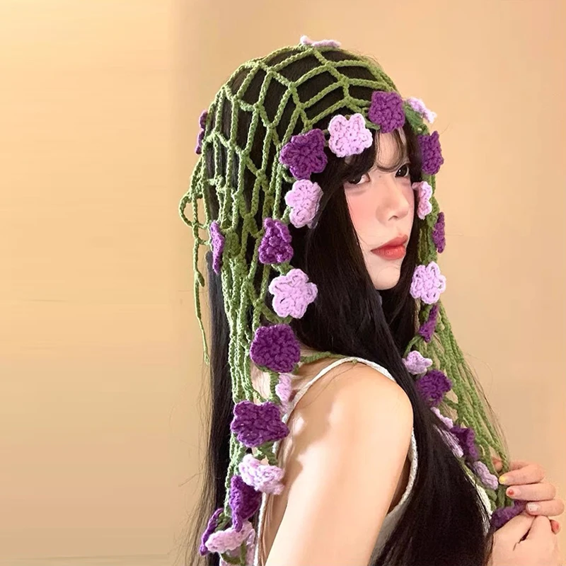 

Crocheted Flower Triangular Scarf Female Summer Hair Band Holiday Wind Super Fairy With Skirt Knitted Waist Scarf Fart Curtain