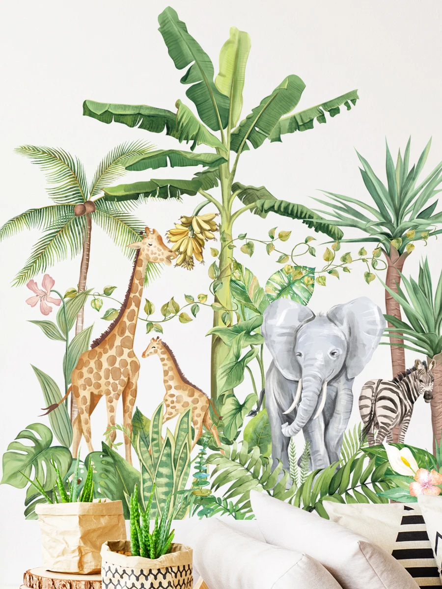 Tropical Jungle Animal Wall Stickers Removable Vinyl Decals Kids Nursery Room Decor Giraffe Elephant Zebra Plants B63