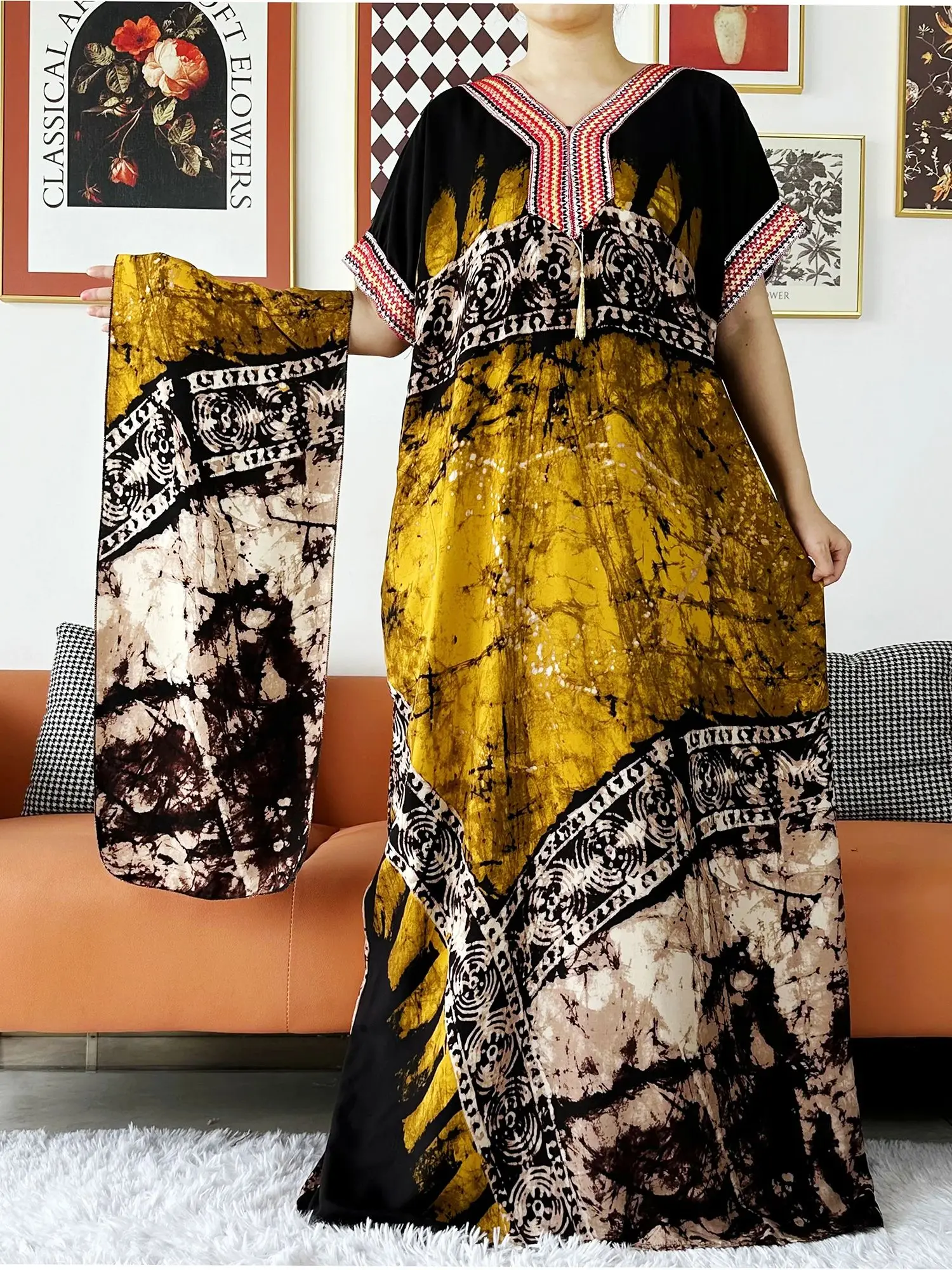 2 Pieces Abaya Short Sleeve Embroidery Printing Women Loose Maxi Robe Floral Femme Musulmane African Printing Floral Abaya