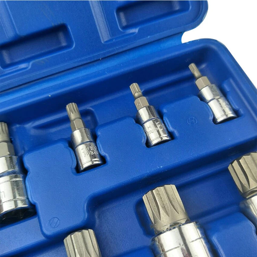 10PCS/Set XZN Tampered Triple Square Spline Bit Socket Driver Set with Storage Box, M4-5-6, M8-9-10-12, M14, M16, 18 - CRV