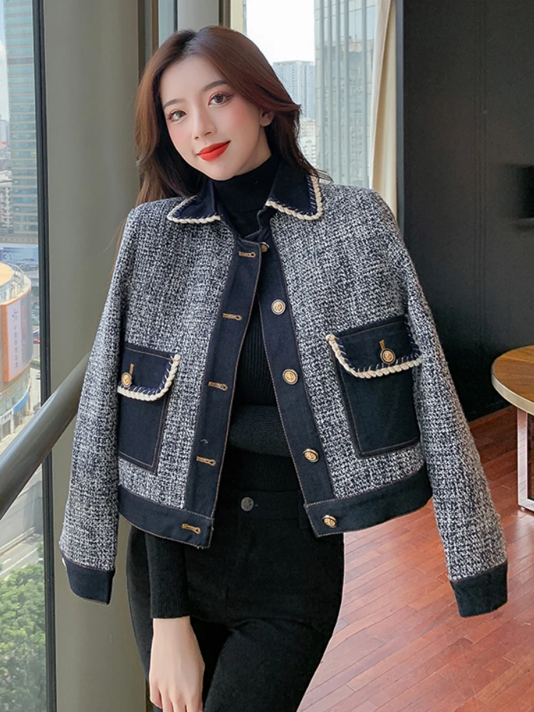 OCEANLOVE Autumn Jackets Women Vintage Korean Fashion Plaid Short Chaqueta Mujer Single Breasted All Match Veste Femme Tops