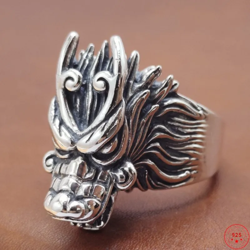 S925 Sterling Silver Rings for Men New Fashion Relief Dragon Head Wide Adjustable Pure Argentum Hip-hop Punk Jewelry Wholesale