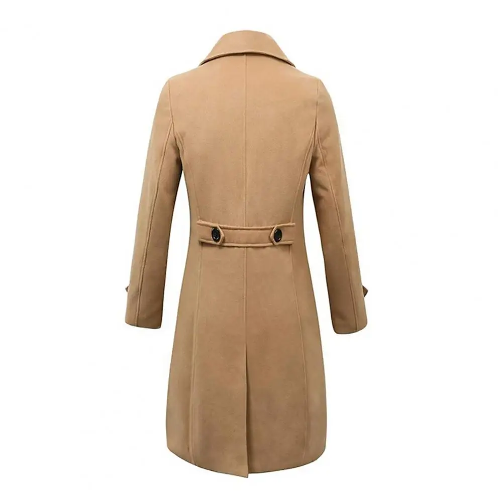 Slim Fit Woolen Coat Men's Double Breasted Long Woolen Coat with Lapel Pockets Solid Color Mid-length Outwear for Winter Warmth