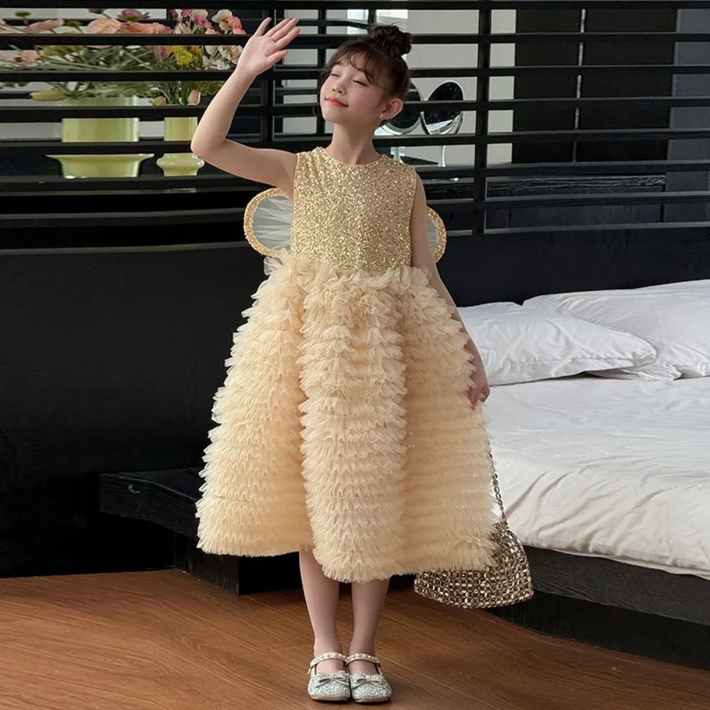 Butterfly Bow Wings Children Princess Dress Round Neck Sequin Loose Kids Birthday Cake Dress Casual Long