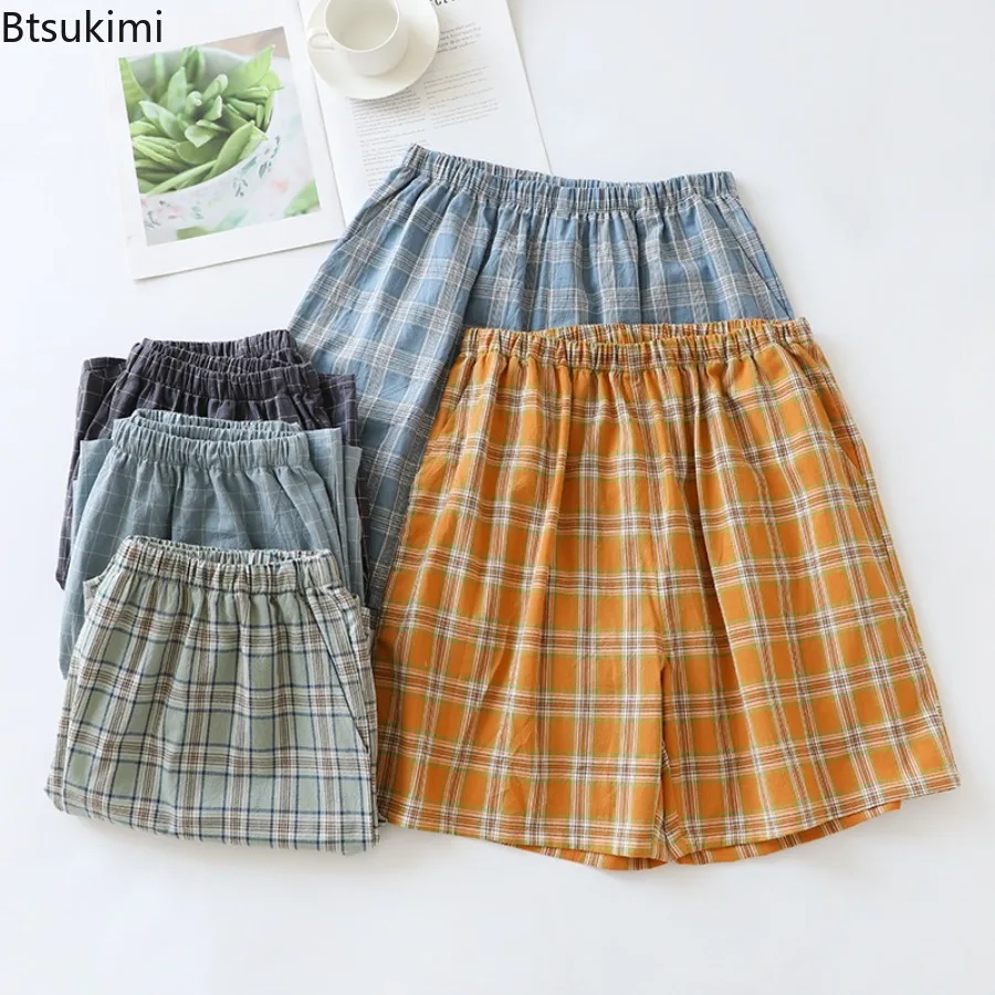 Men's Japanese Style Plaid Design Short Pajama Pants Spring and Summer Thin Loose 100% Cotton Five-point Homewear Shorts Male