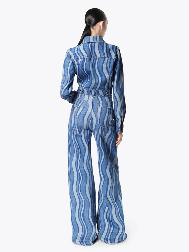 VGH アメリカン ストリート スレオルト ウェーブ パターン デニム ジャケットと染められたフロアレングス パンツ セット 女性向けのファッショナブルでトレンディなアイテム