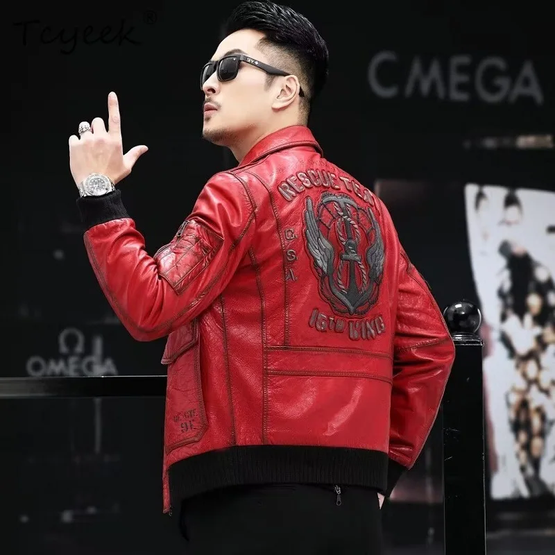 Tcyeek Top Layer Sheepskin Jackets Genuine Leather Jacket Men High-end Embroidered Leather Coats Motorcycle Jacket 2026 Jaquetas